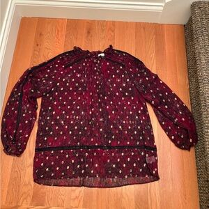 Anthro Maroon, Gold, and Black Sheer Blouse with Polka Dots